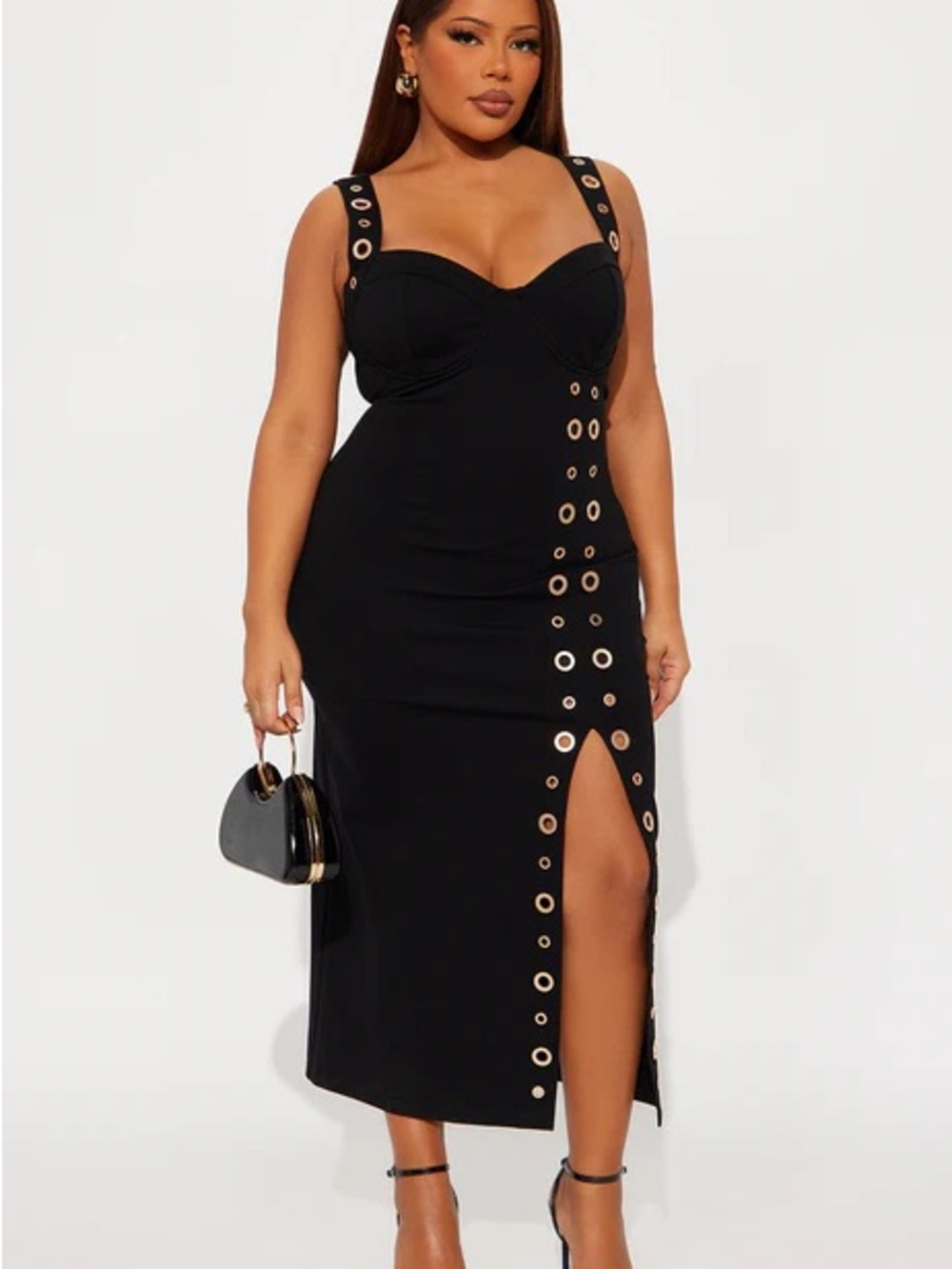 Fashion Nova Black Midi Dress with Gold Eyelet Detail
